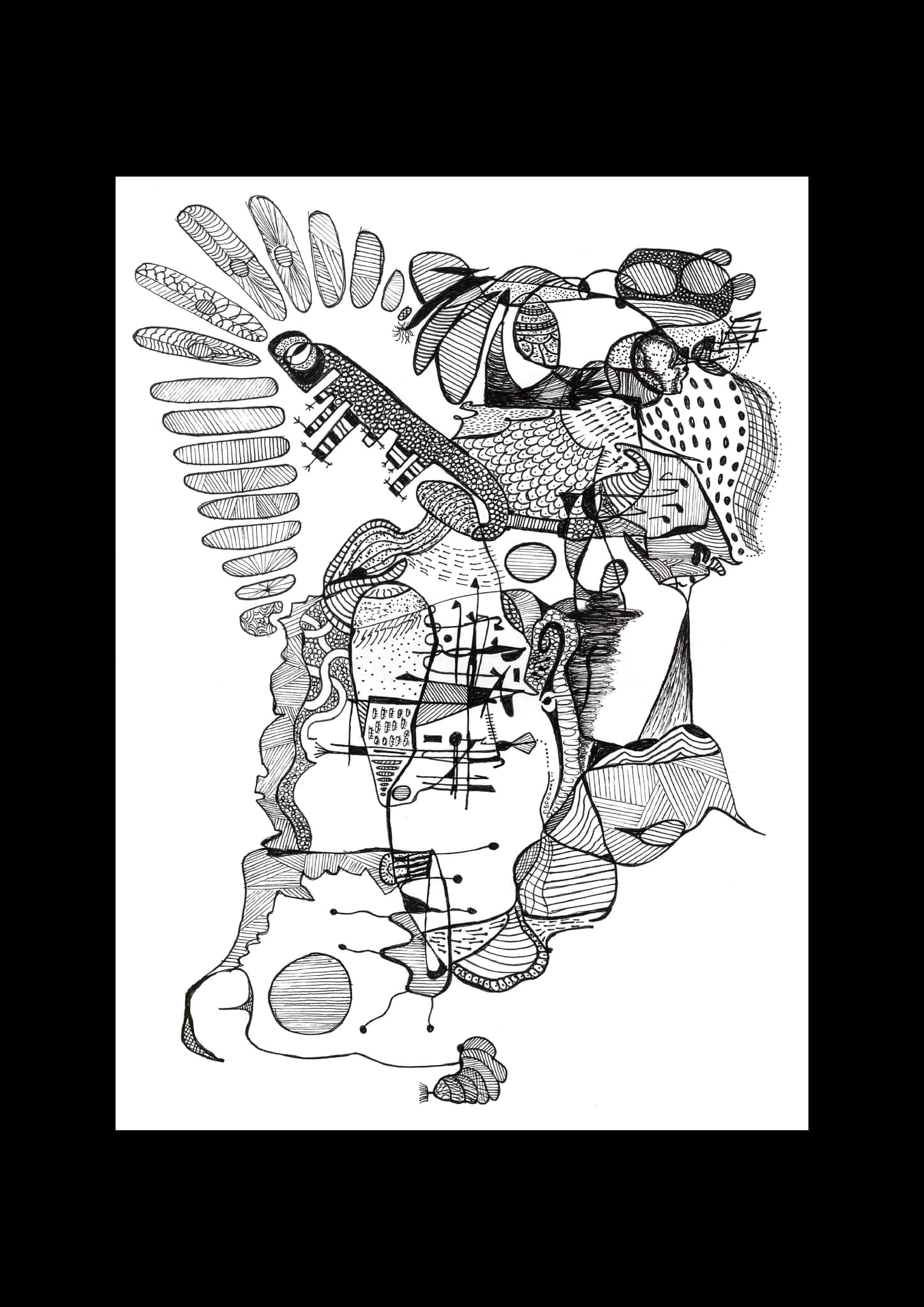 A dense black ink drawing on white, forms growing into one another across the whole sheet, with a fan of ribbed shapes at the top and a small dotted creature at the bottom