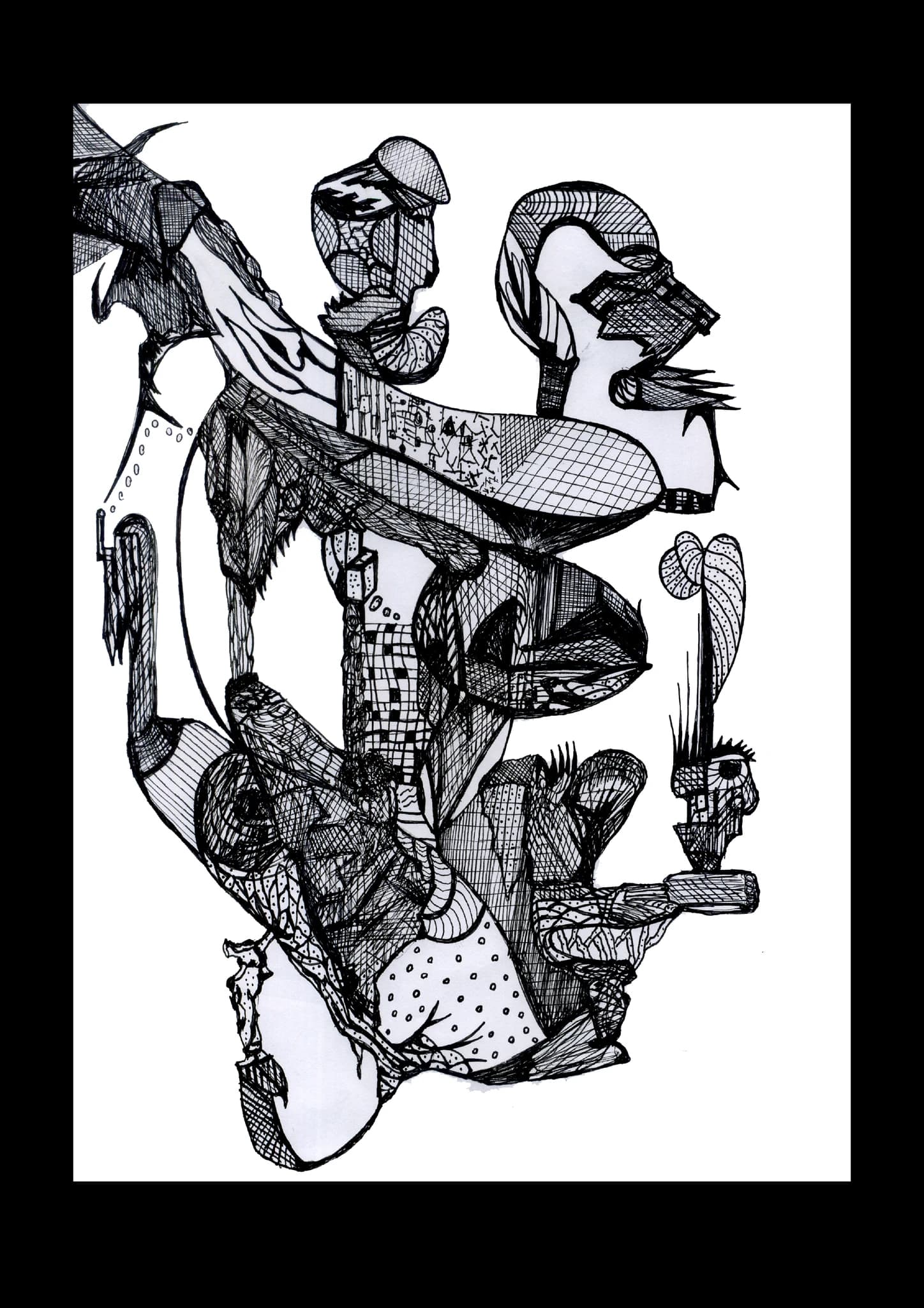 An ink drawing of heavy interlocking figures and heads, the darkest and most crowded of the five