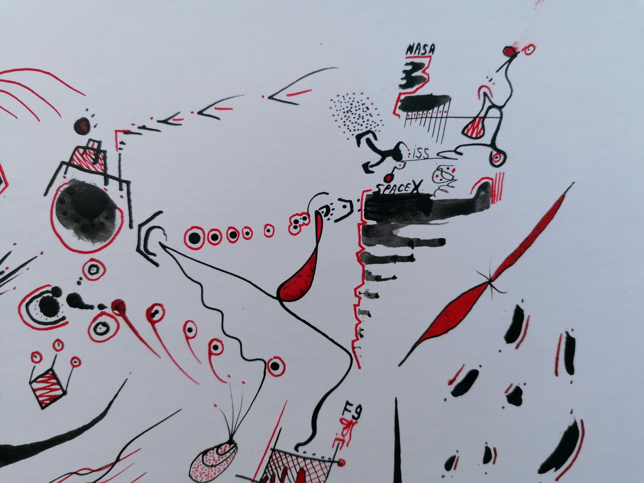 Close view of the drawing showing NASA, ISS and SPACEX written small among the marks, with a figure beneath them