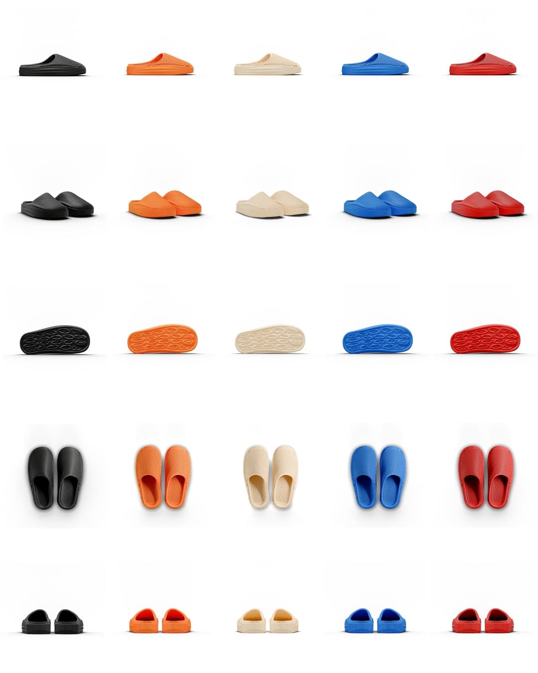 NEVO colorway lineup render grid: black, orange, cream, blue and red
