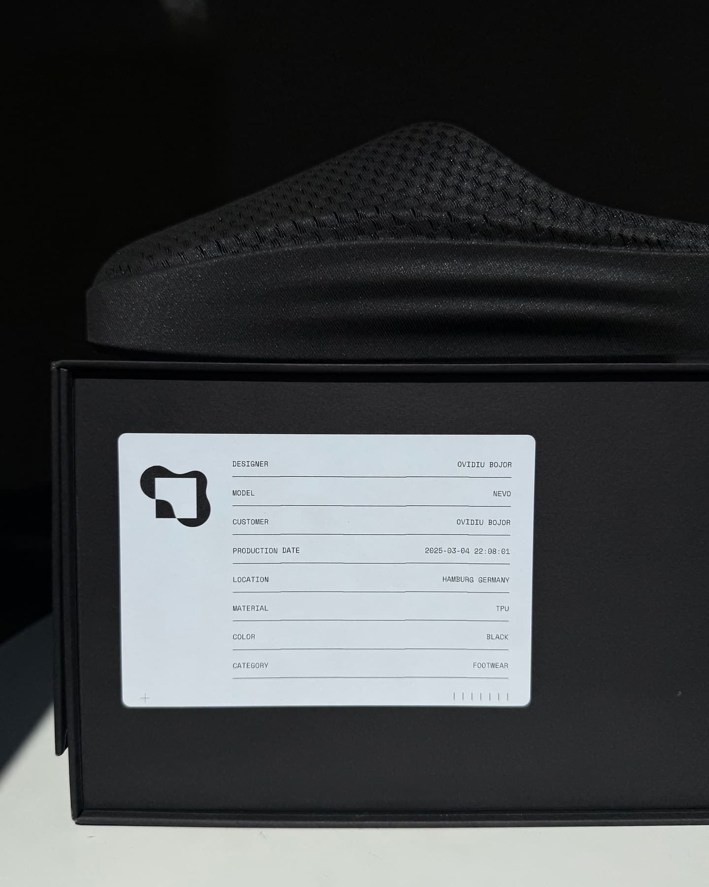NEVO resting on its Zellerfeld shoebox with the production spec label