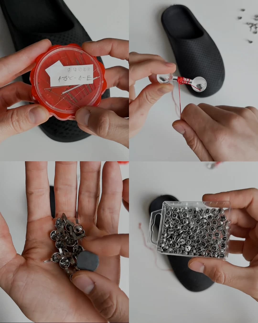 Four views of the tools: a reel of red thread, a handful of metal studs, a tin full of them, and the black shoe waiting on the white table