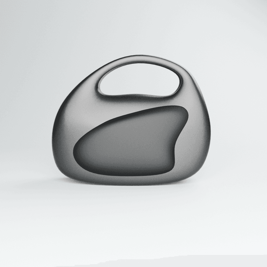 OFFSET bag from the front, a rounded pebble body with the handle cut off centre