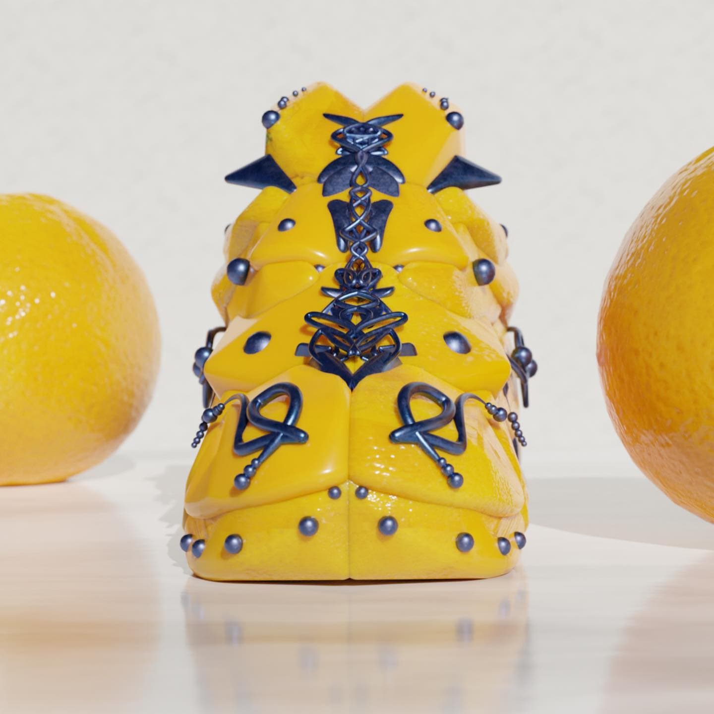 The same shoe head on, showing the overlapping peel panels running up the tongue, the blue wire laced through them and studs set into the surface