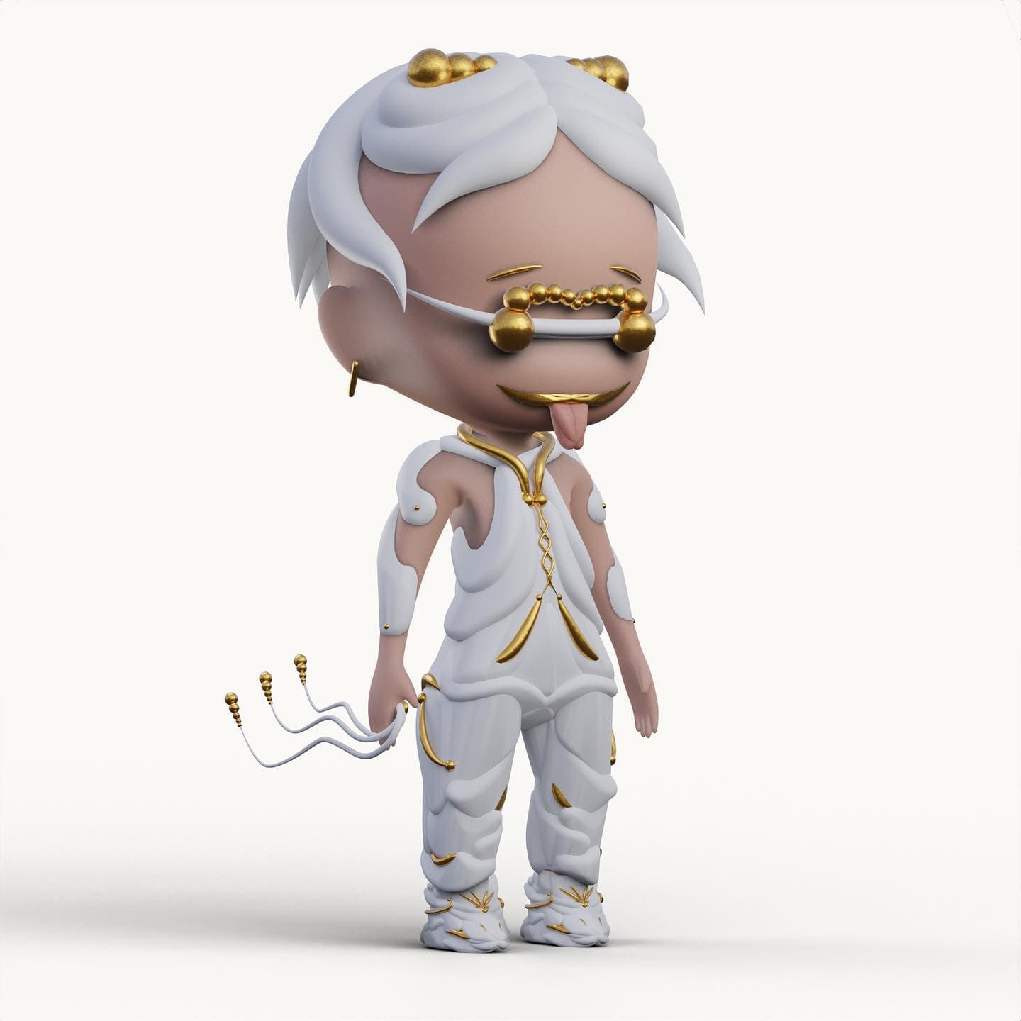 oTTo all in white with gold-bar glasses, tongue out