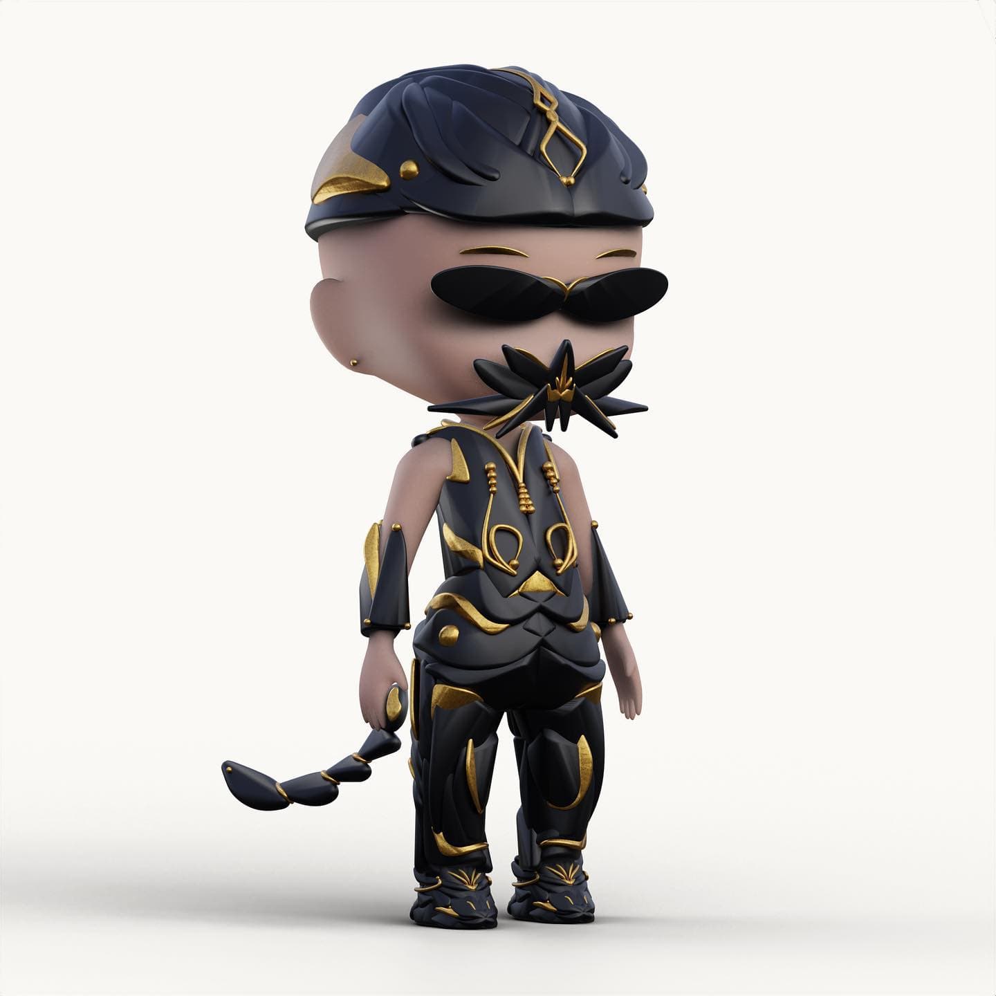oTTo in black armored vest holding a scorpion tail