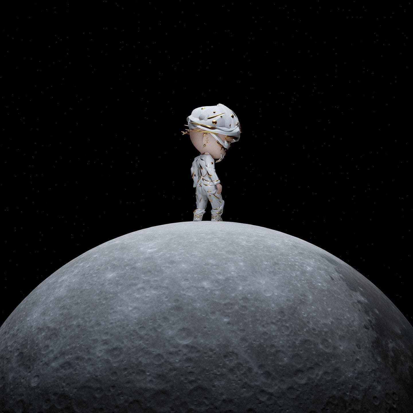 oTTo from behind, standing on the moon against a starfield