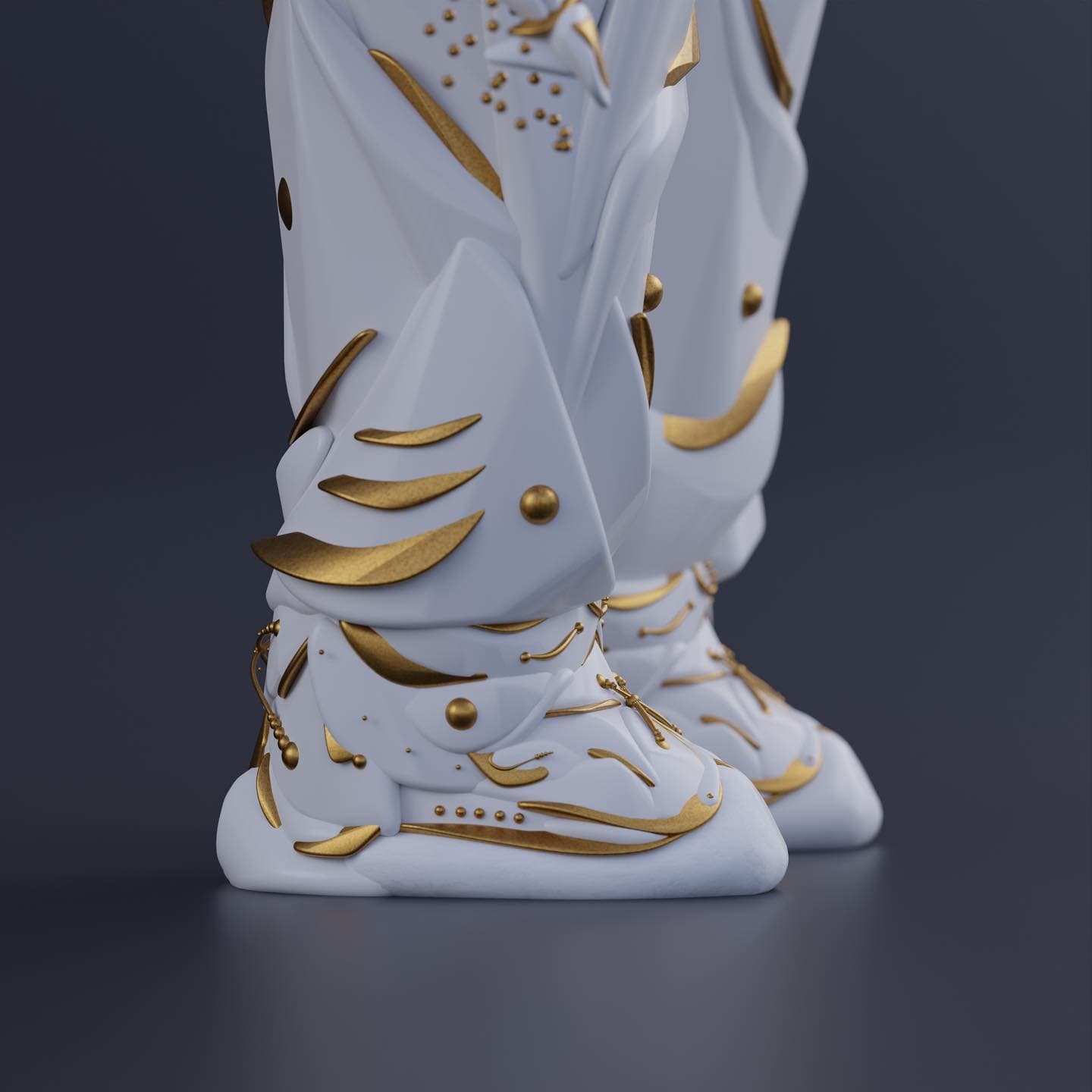 Close-up of oTTo's sculpted white sneakers with gold trims