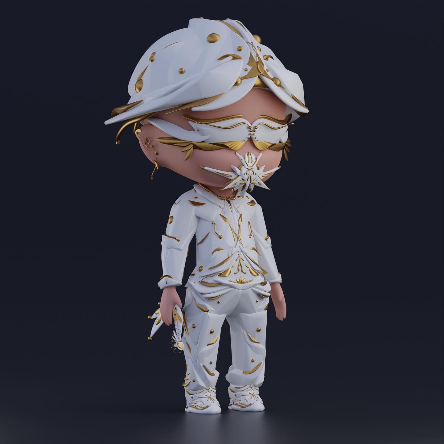oTTo in white and gold with a wing-shaped eye mask