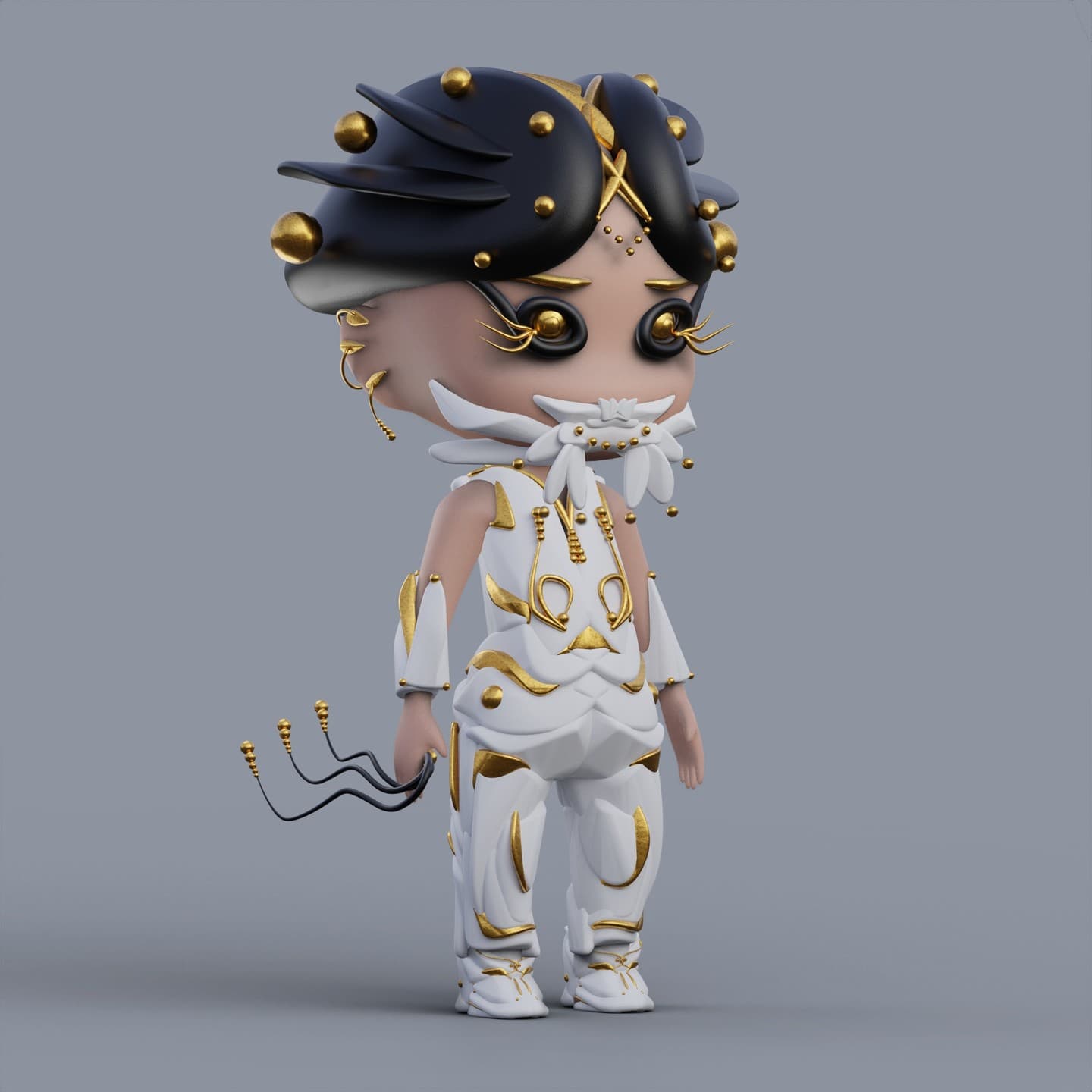 oTTo with black spiral goggle eyes fringed in gold lashes