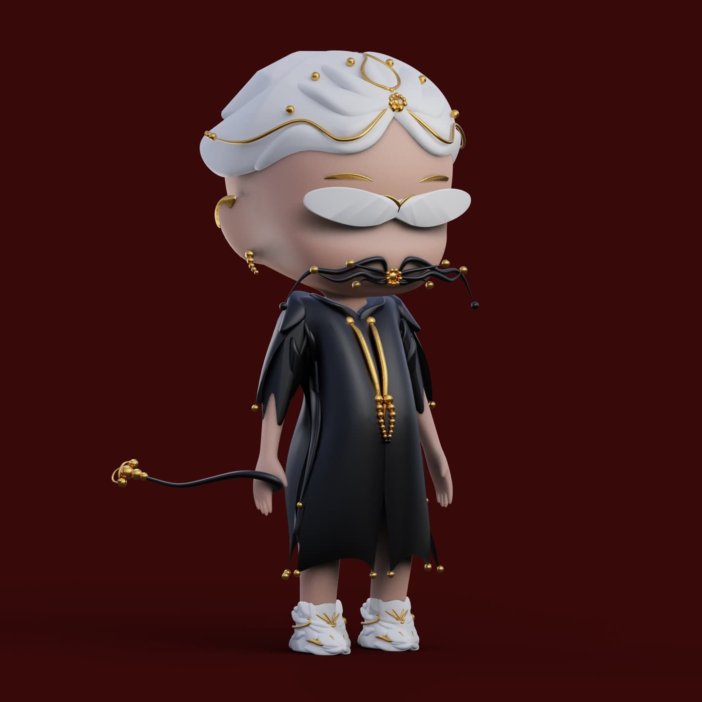 oTTo in a torn black cape-dress with gold drawstrings