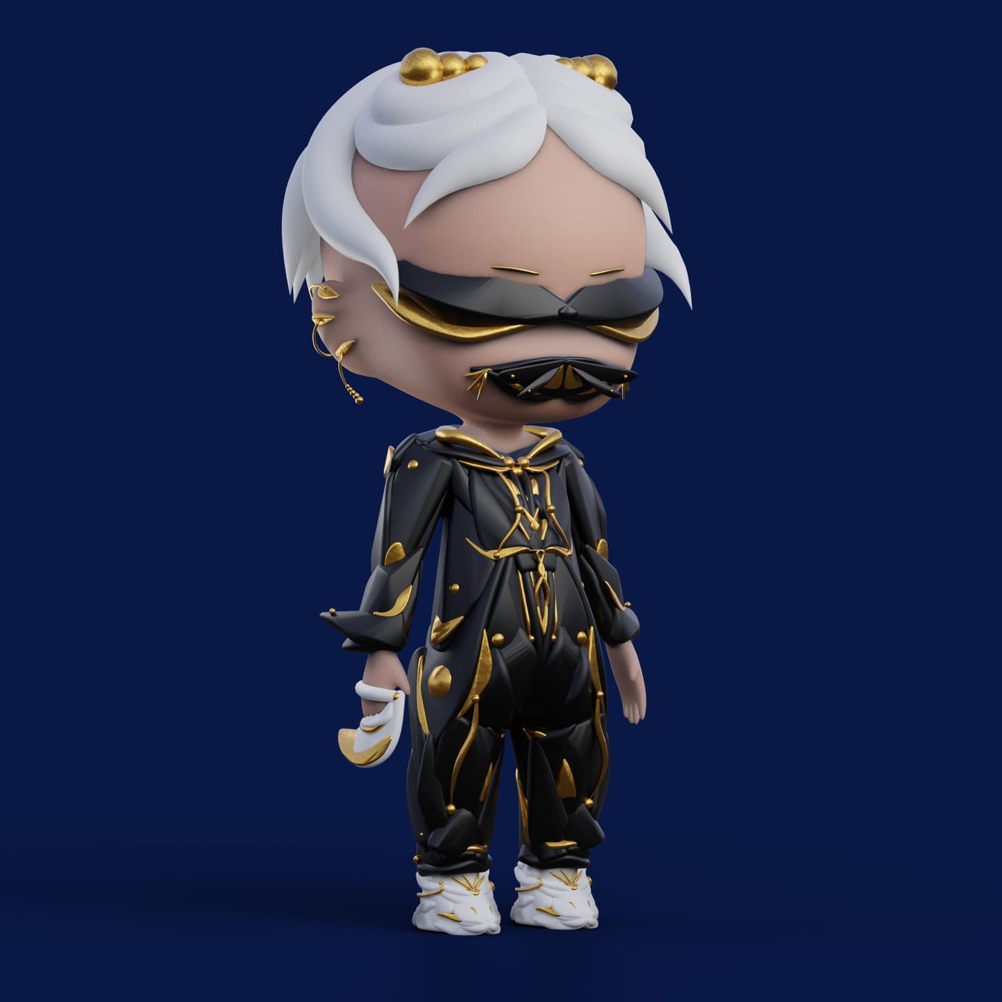 oTTo with white swirled hair and black-and-gold visor
