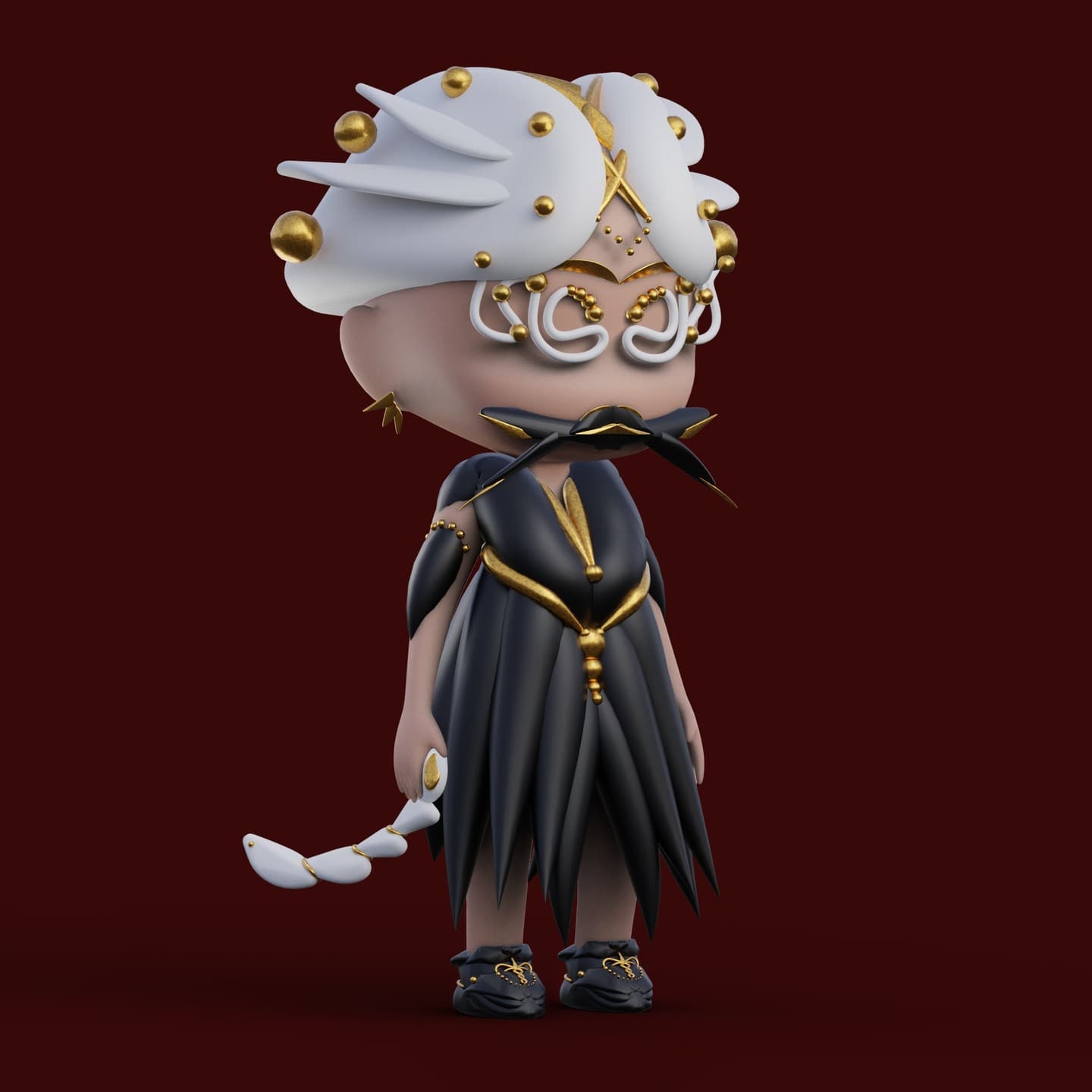 oTTo with voluminous white hair holding a white scorpion tail