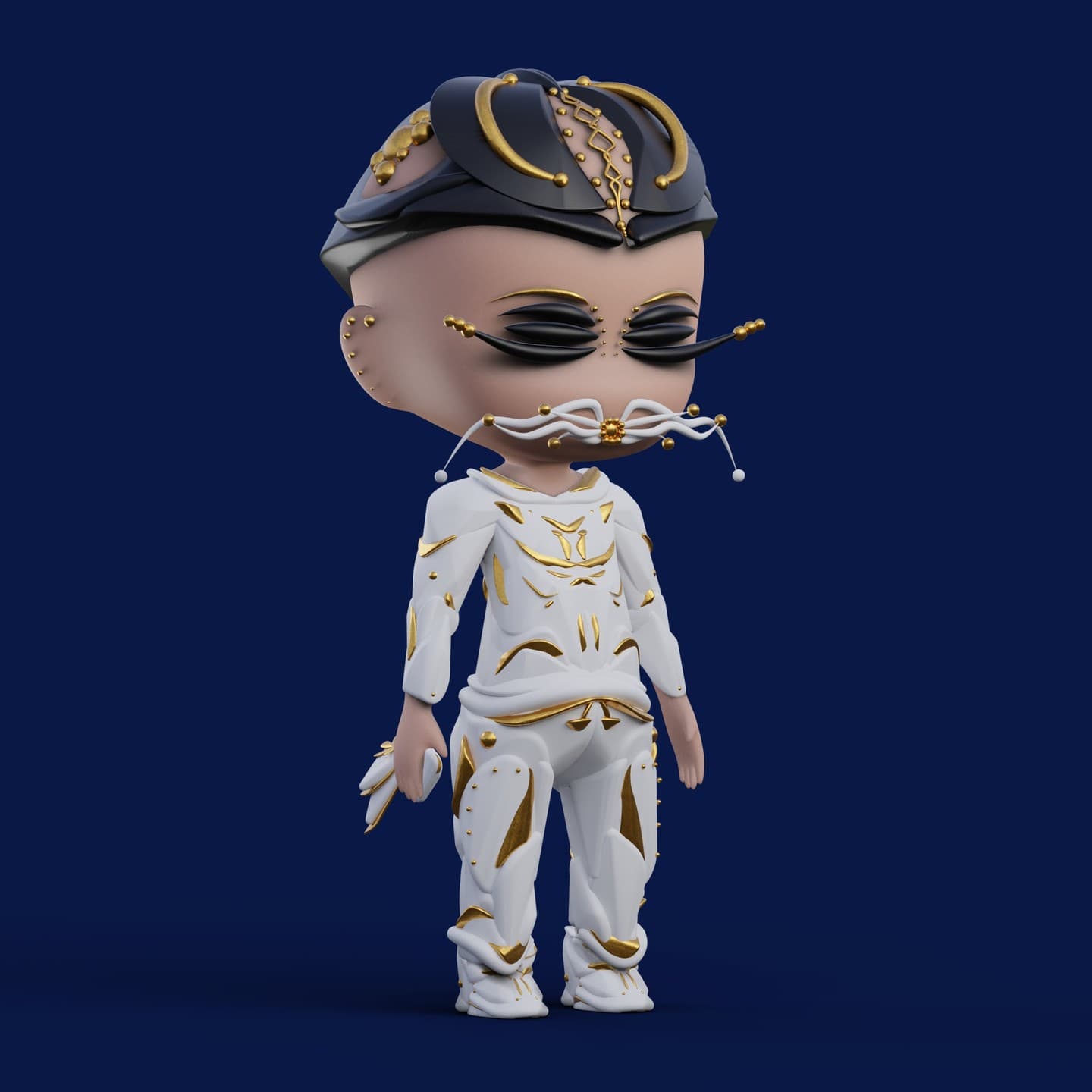 oTTo in white and gold with navy headpiece and blade lashes