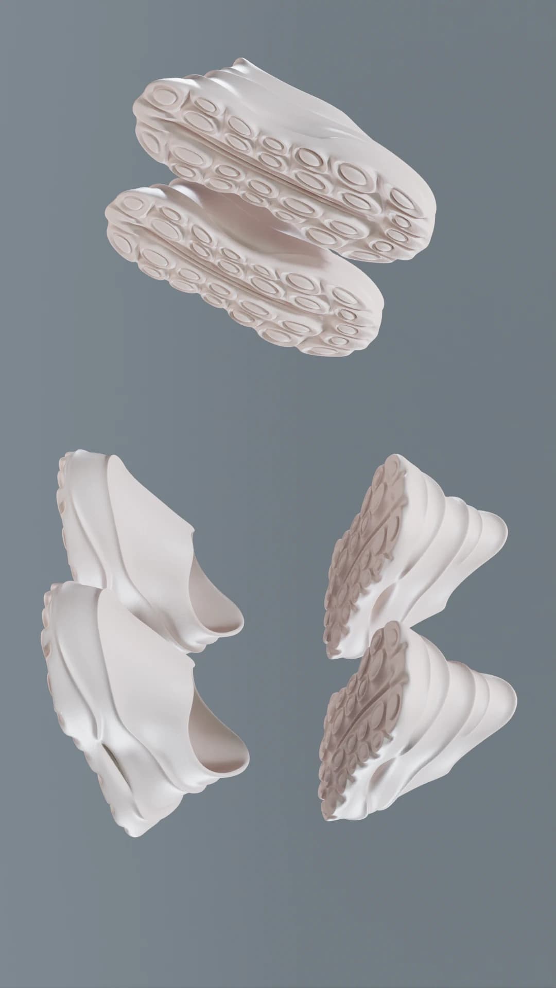 Six white shoes floating against a grey background at different angles, several turned to show the outsole's field of raised oval pods.