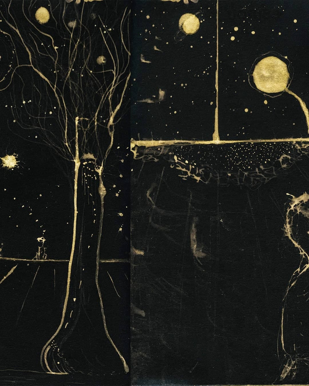 Two pages of the book, a branching tree drawn in pale gold on the left and a single filled disc on the right