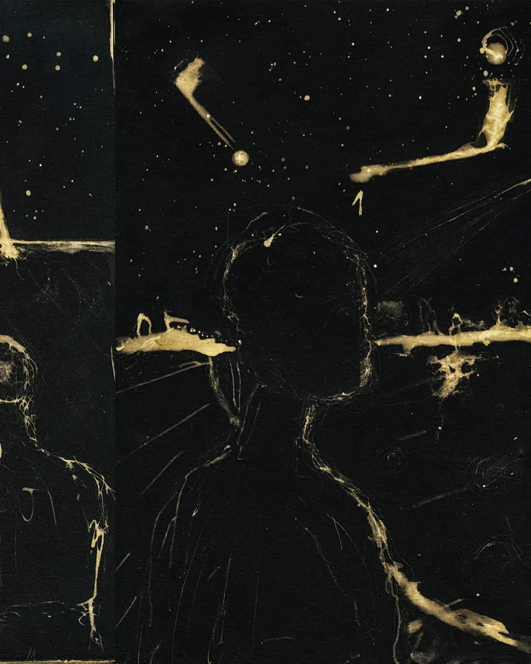 A spread with a standing figure sketched in thin gold lines, most of the sheet left black