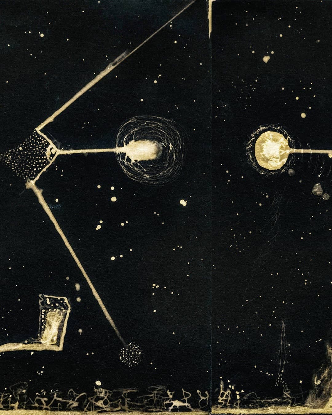 A spread of straight ruled lines meeting at two bright discs, like a constellation drawn with a rule