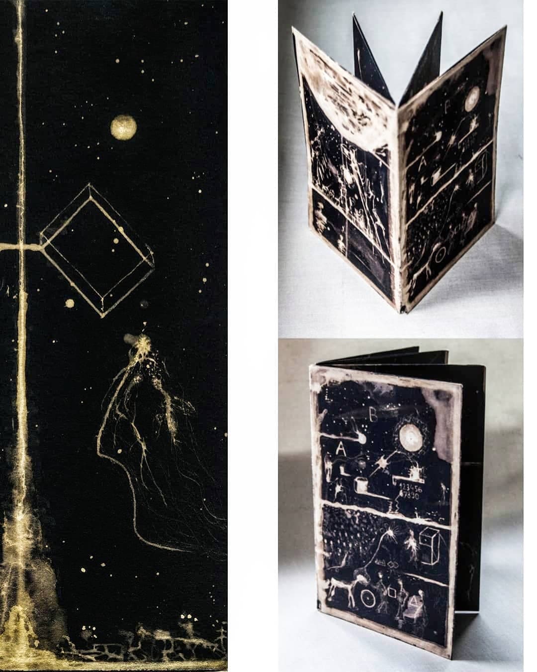 The book itself, folded into a standing concertina and photographed from three sides