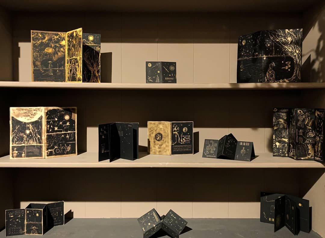 Several copies of the book arranged upright along pale shelves under warm light