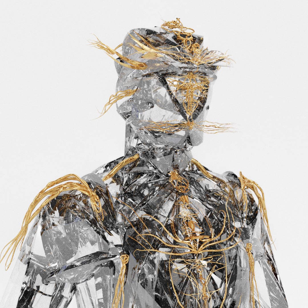 Clear crystal bust wrapped in gold wire epaulettes and whiskers