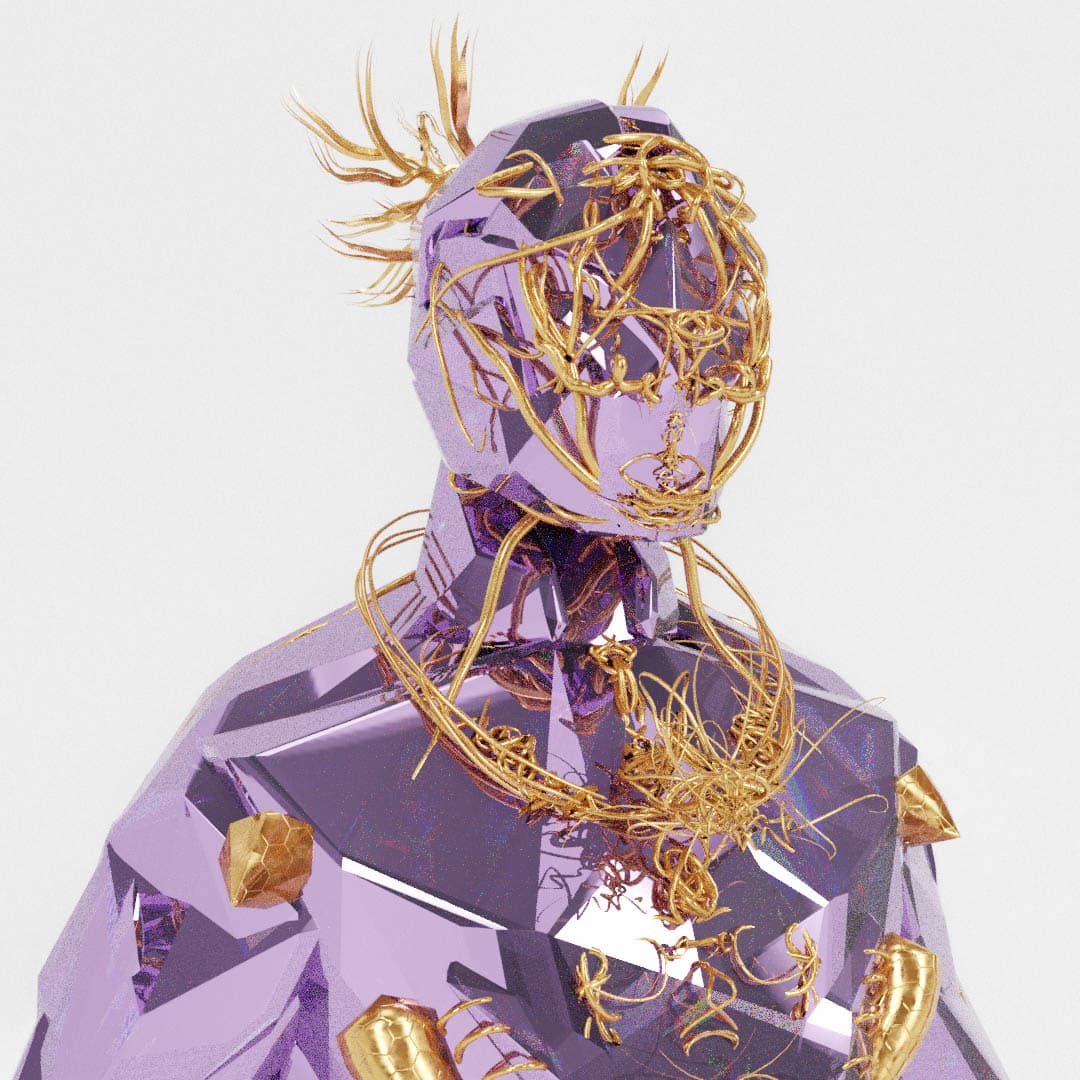 Lilac faceted bust with gold spikes radiating from the head