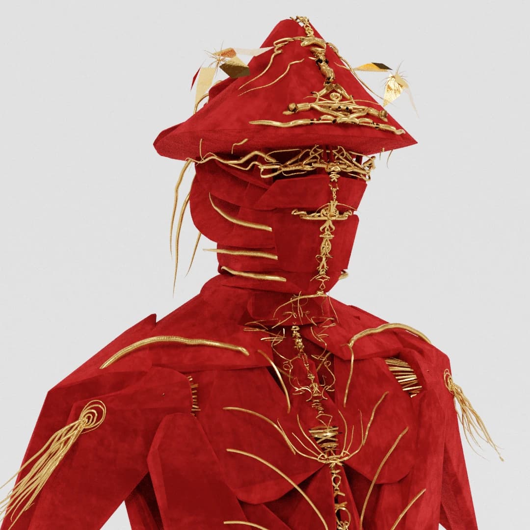Red velvet-plated character with pointed hat and gold trim