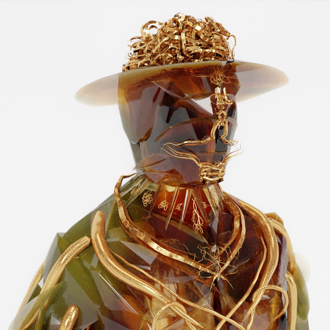Amber glass bust with wide-brimmed hat and coiled gold rope