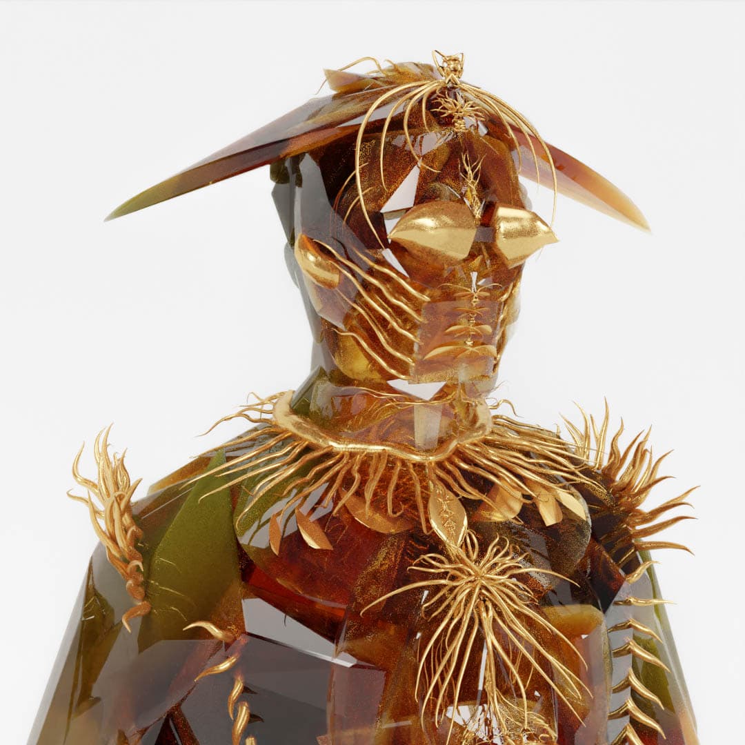 Amber-olive bust with winged hat and gold sunburst collar