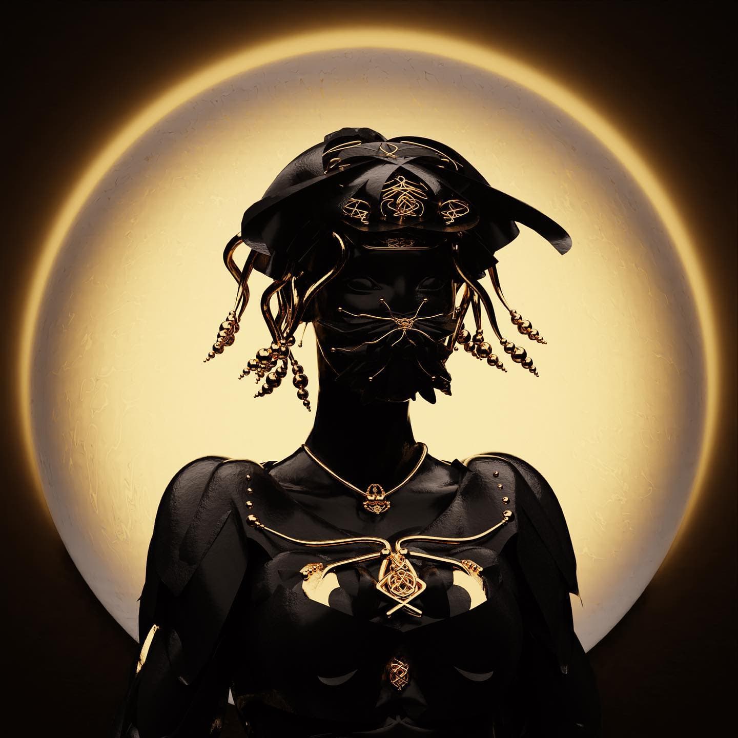 A dark figure in a wide brimmed headdress and gold jewellery, lit from behind by a warm halo