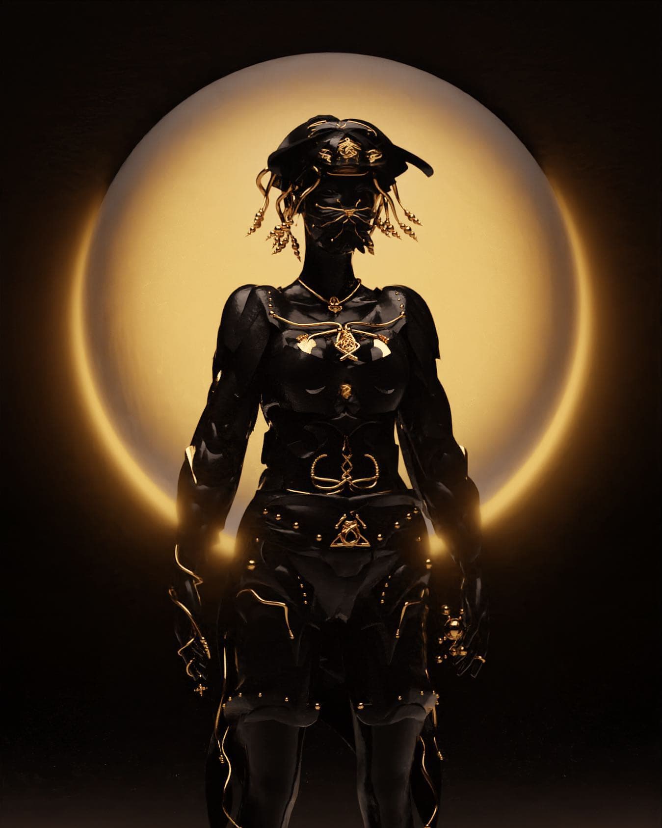 A figure standing full length in black and gold, arms at its sides, a warm halo filling the frame behind it