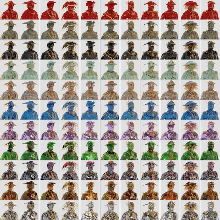 About a hundred variants of the character laid out in a grid, sorted by colour from red through stone, blue, purple and green