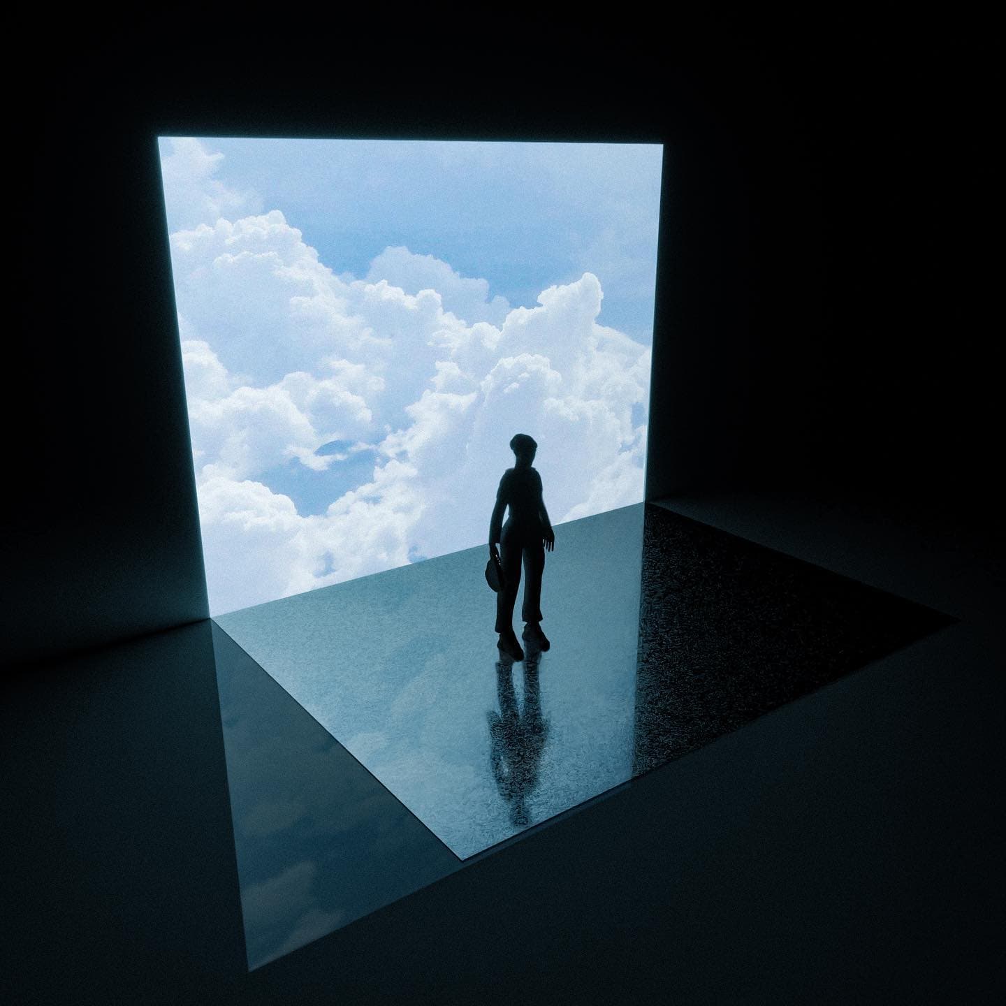 A small figure walking towards a tall lit rectangle showing a bright sky full of cloud, in a dark room