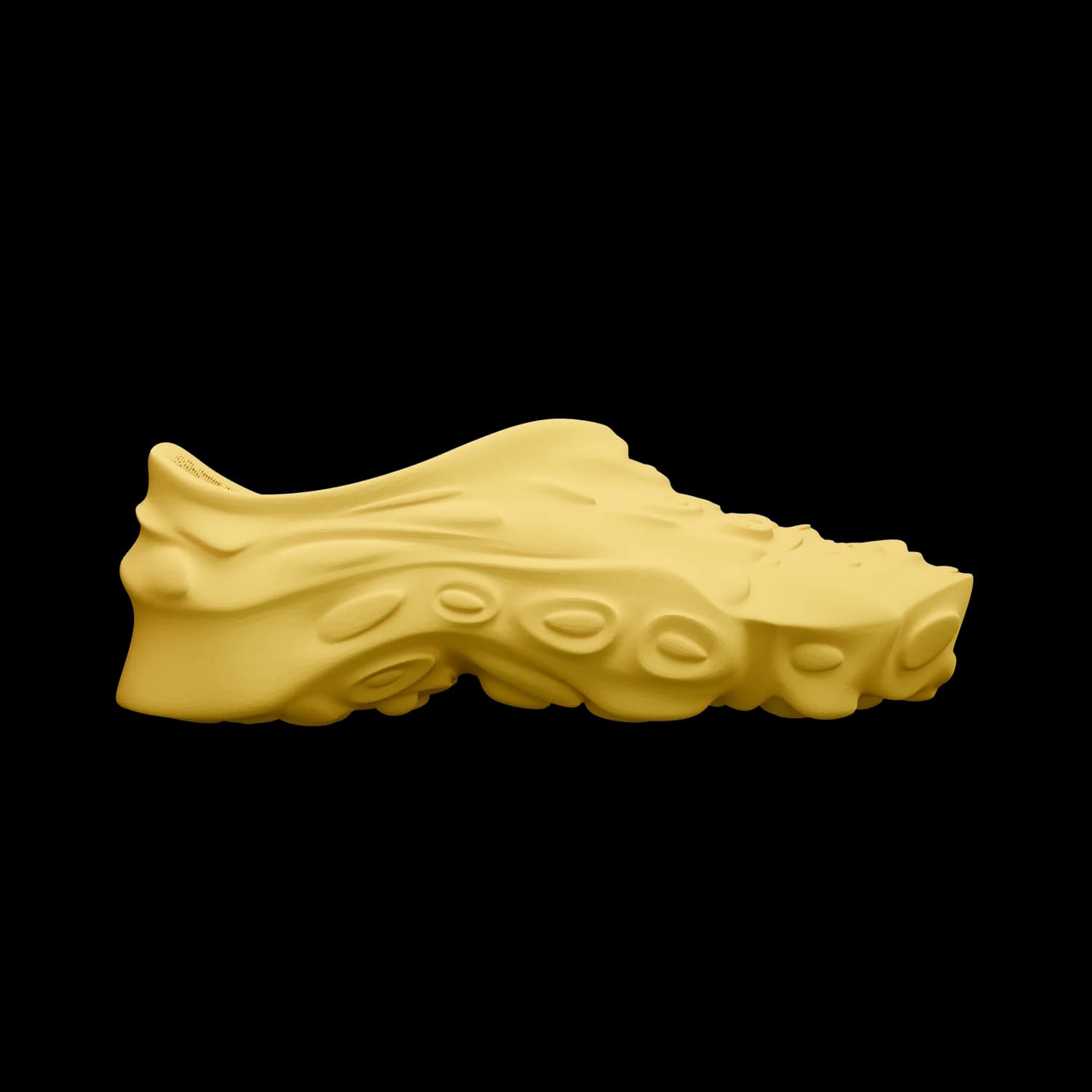 SAGRA in yellow, side view of a single sneaker, the grown, branching structure of the upper catching the light along its ridges