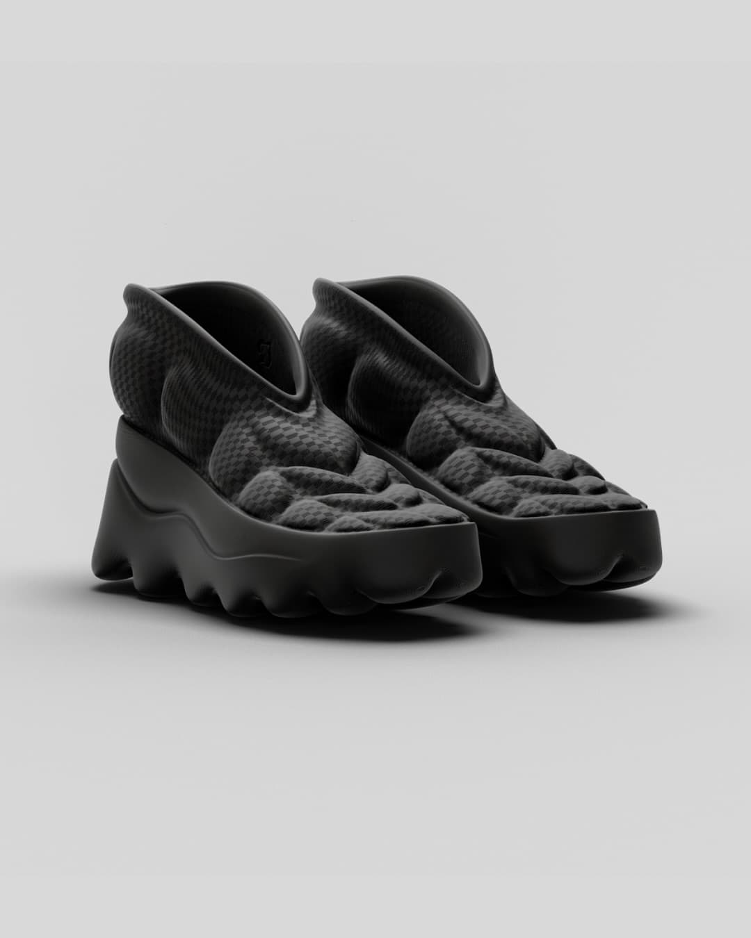 SBOOT pair in front three-quarter render, quilted upper and rippled sole