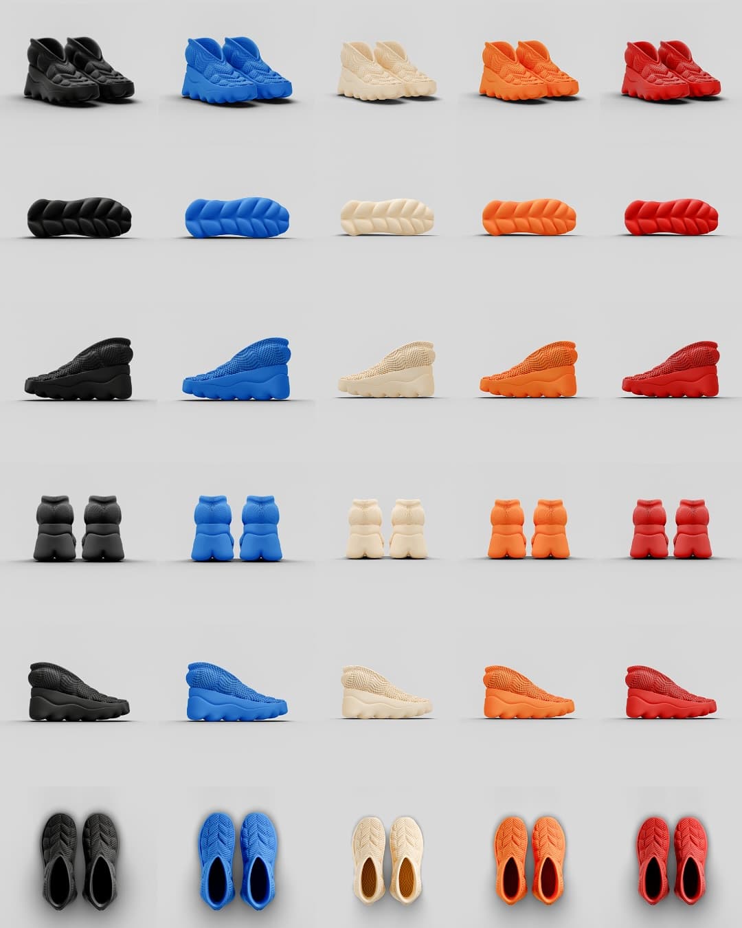 SBOOT colorway matrix: black, blue, cream, orange and red