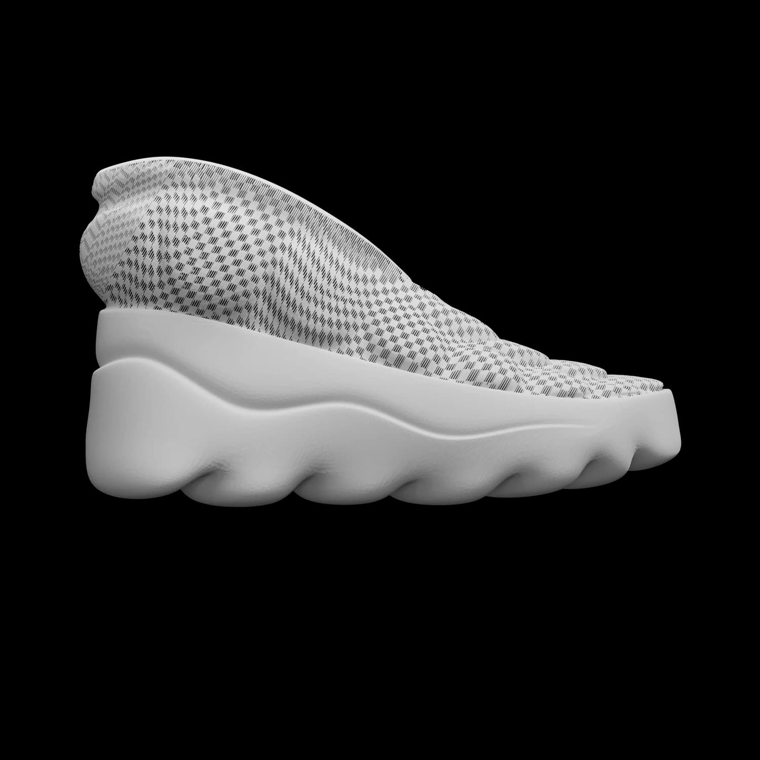 SBOOT in pale stone grey, side view of a single boot, the quilted, houndstooth-like weave of the upper reading as a soft textile