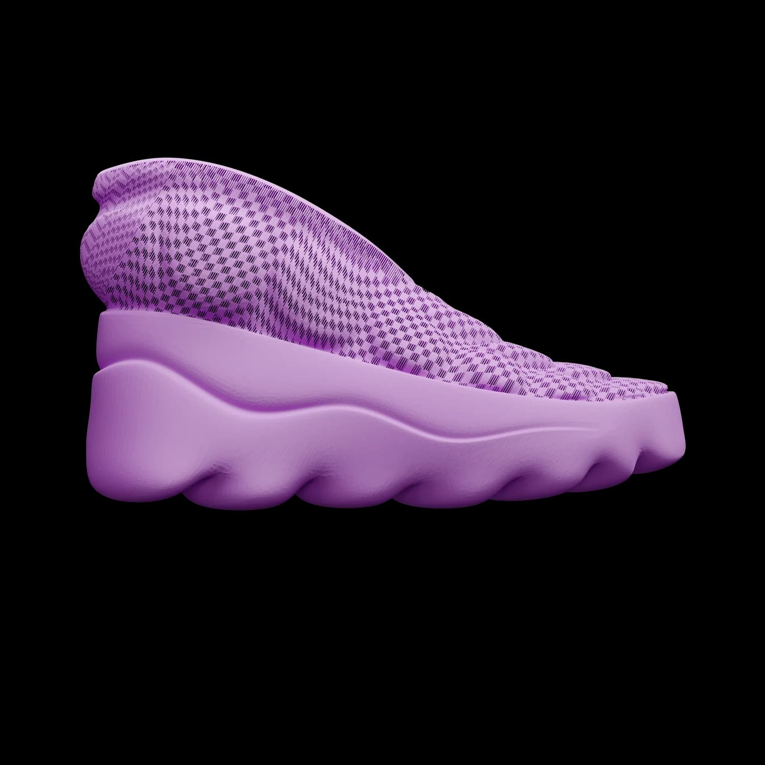 SBOOT in lilac, side view of a single boot, the quilted, houndstooth-like weave of the upper reading as a soft textile
