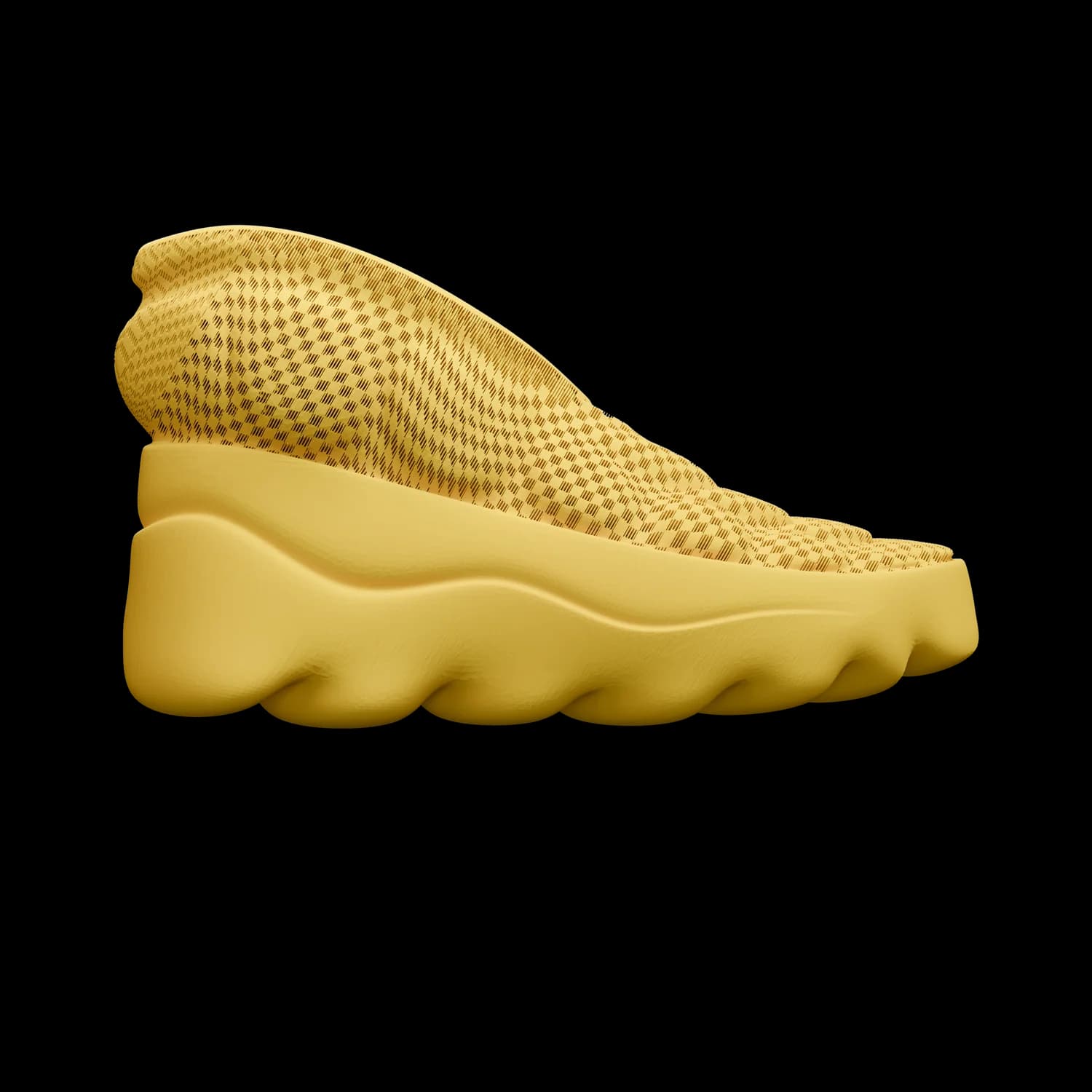 SBOOT in yellow, side view of a single boot, the quilted, houndstooth-like weave of the upper reading as a soft textile