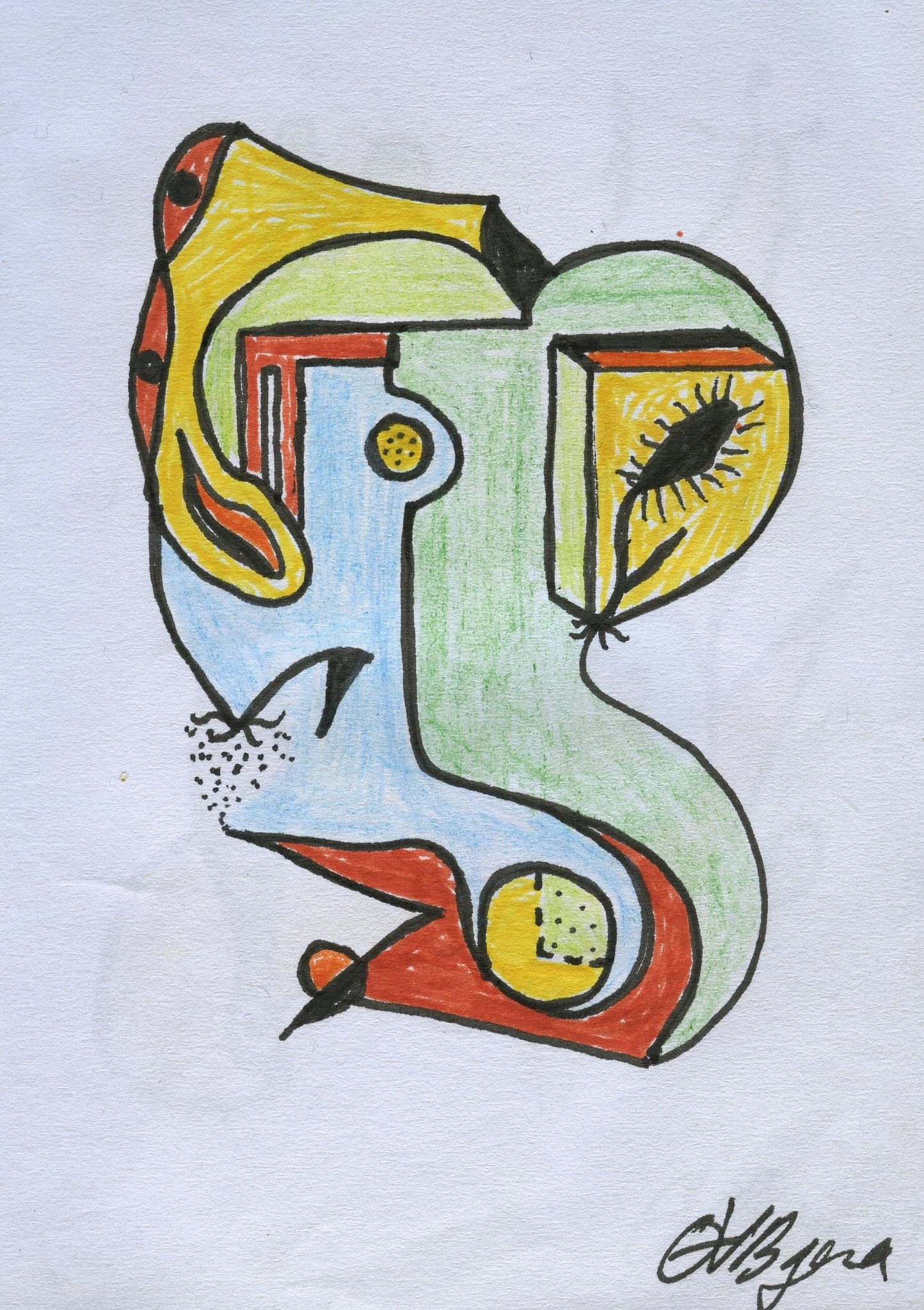 A standing figure built from a red hood, a yellow disc and a green limb, with a lashed eye set into its base