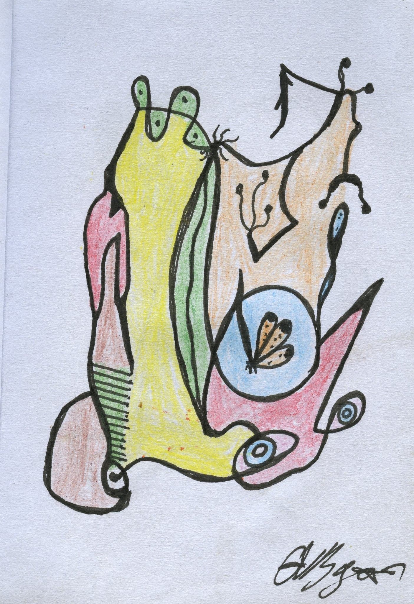 A tall creature in pink and yellow with a blue eye at its centre and thin legs beneath