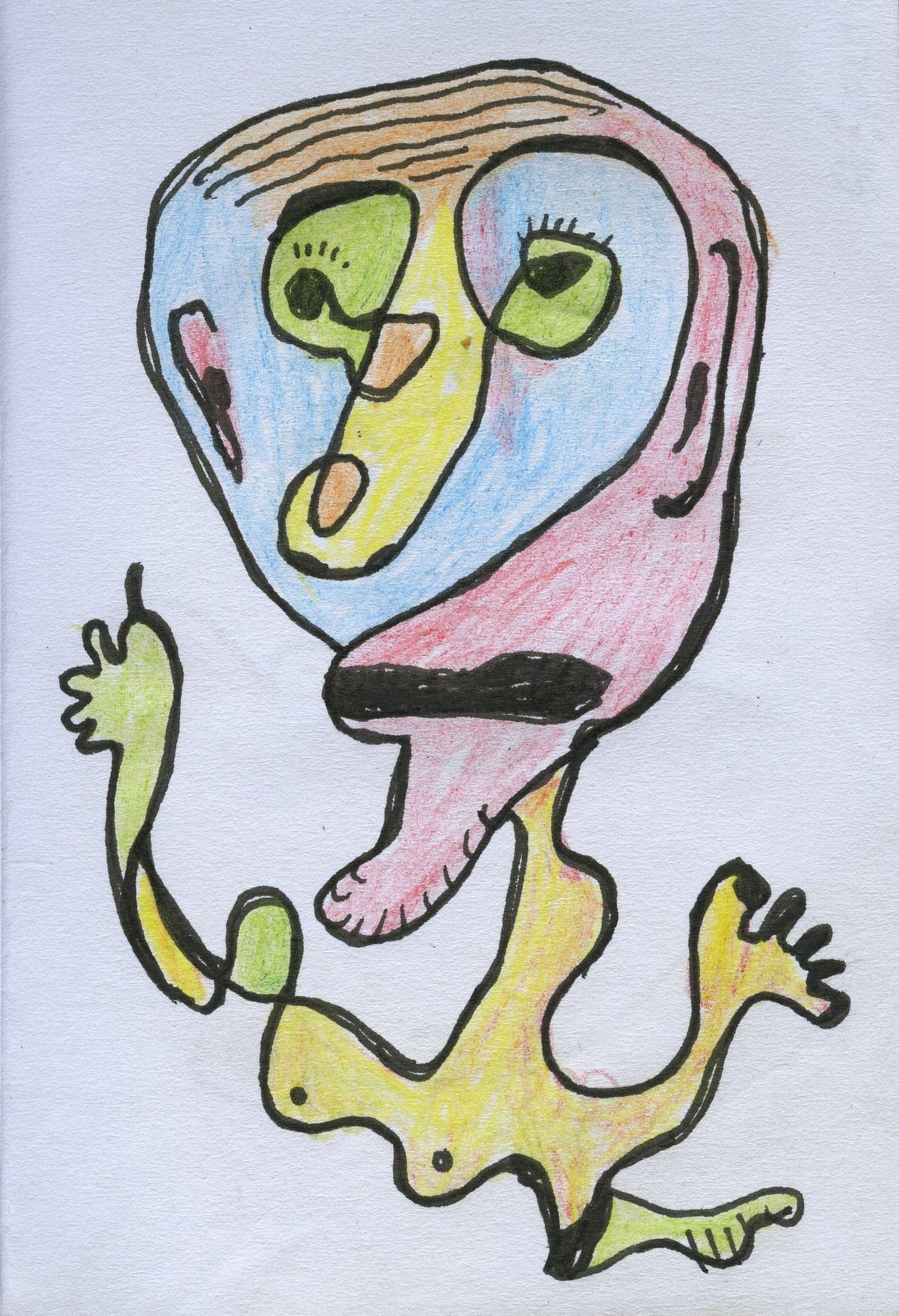 A rounded pink body carrying two green forms inside it, a yellow limb branching overhead