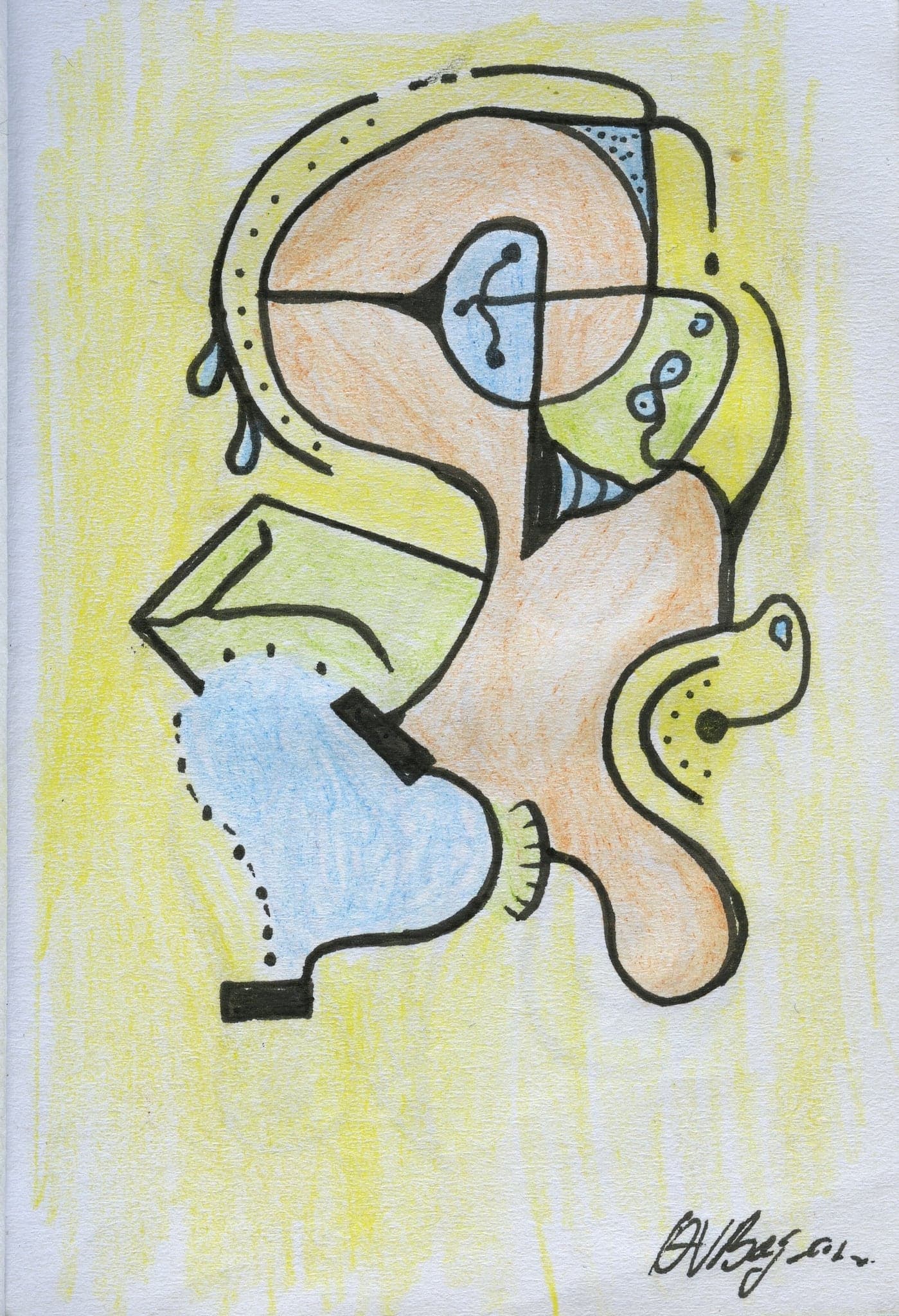 A figure of orange and blue shapes on a page filled edge to edge with yellow pencil