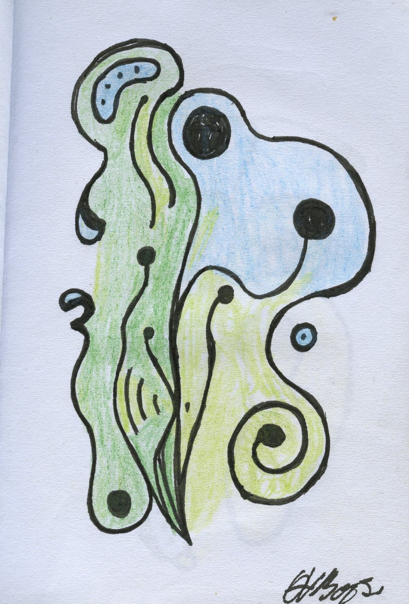 A tall green and blue form of stacked curls and dots, drawn in one continuous line