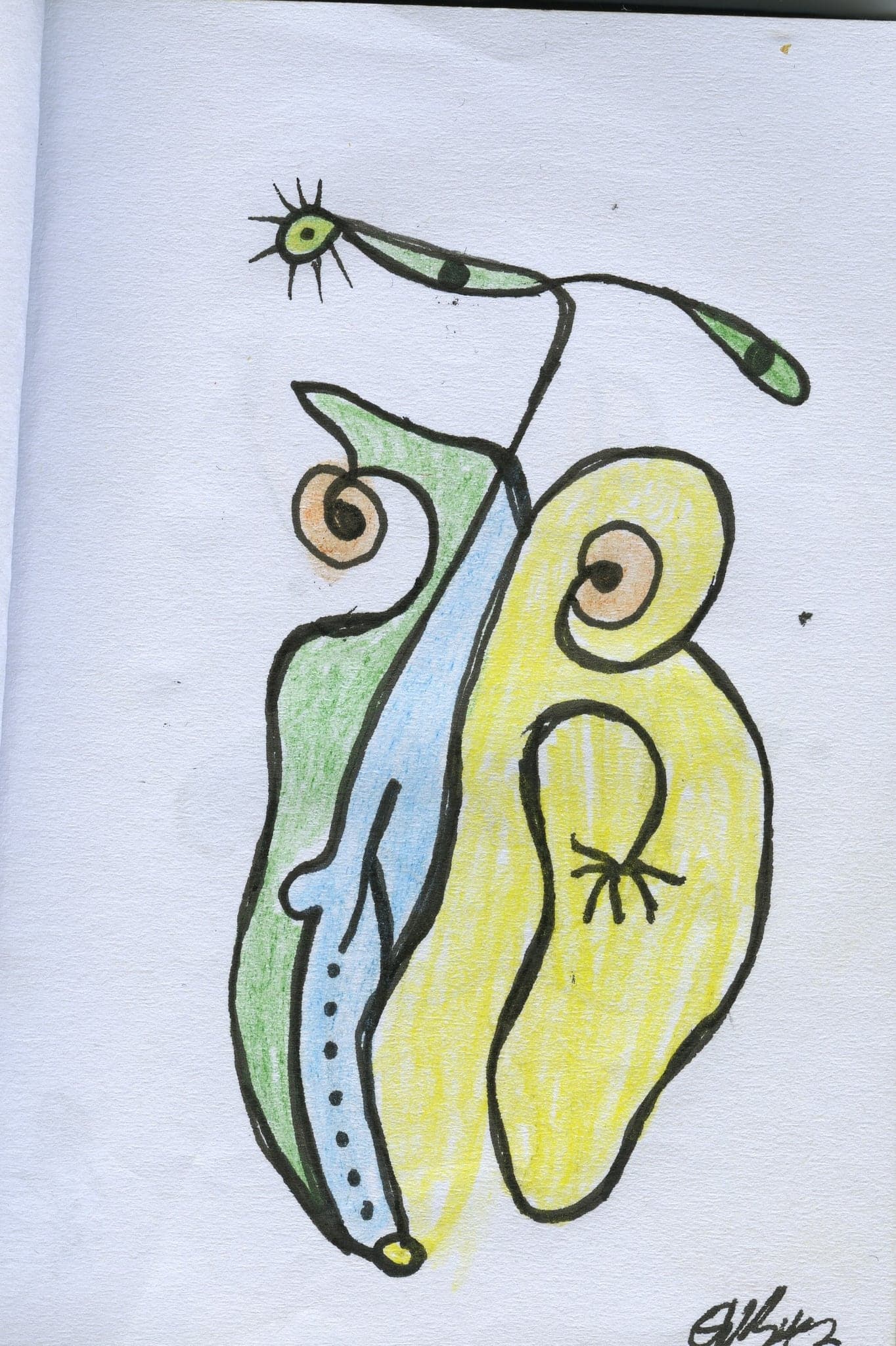 Two yellow lobes above a thin blue limb ending in a small spiked eye