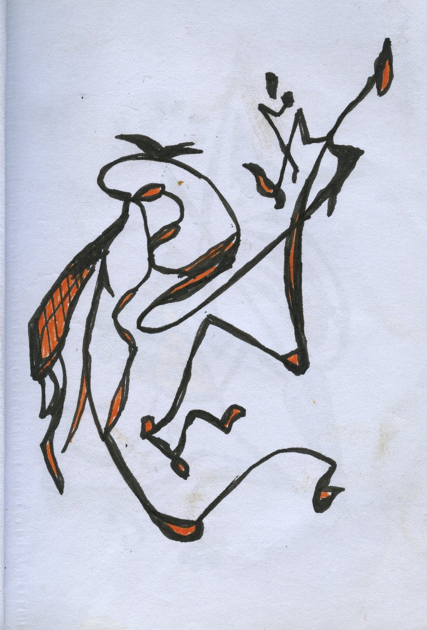 A sparse black and orange figure, almost all line and very little colour