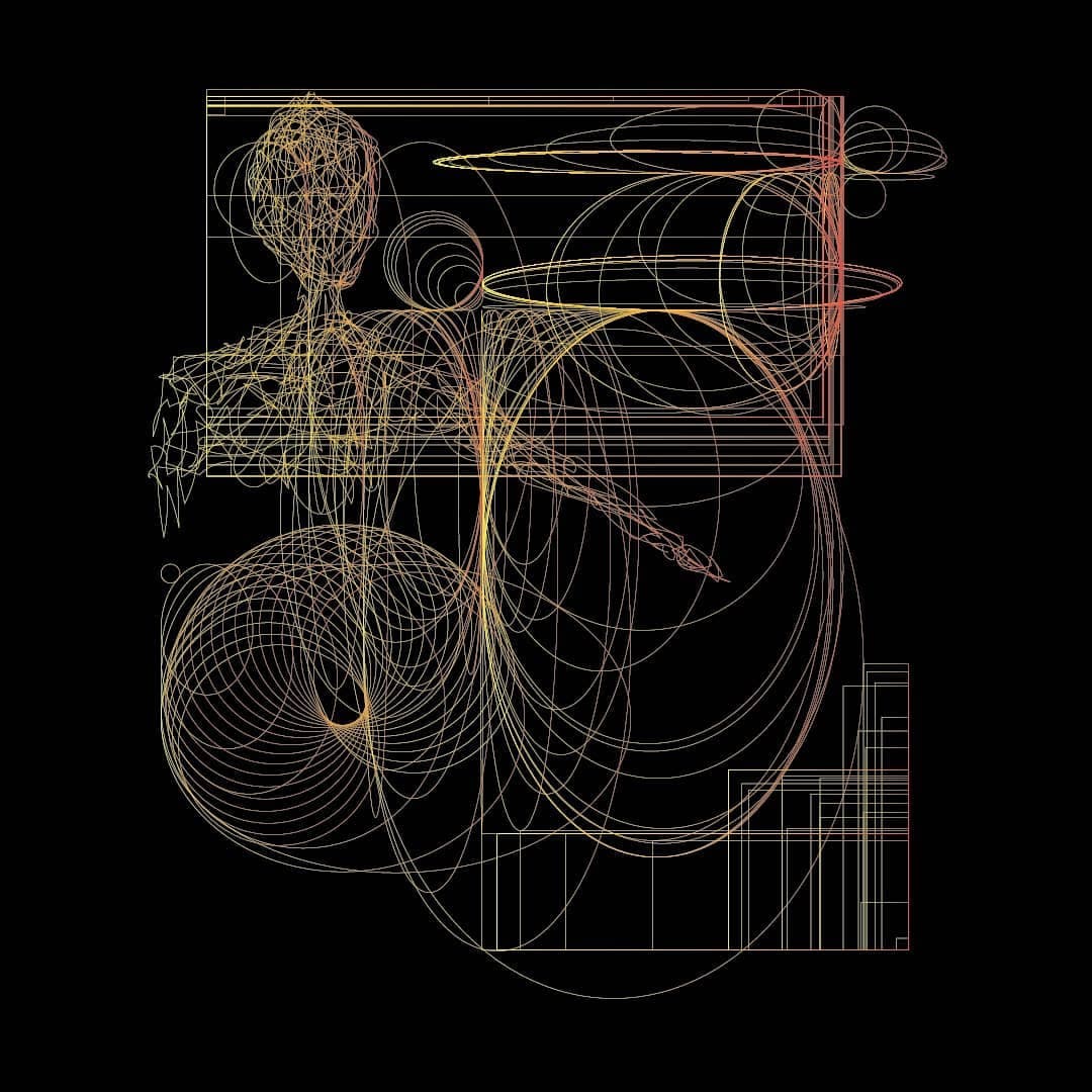 A seated figure and a wide halo of arcs drawn in gold line on black, boxed by fine rectangles