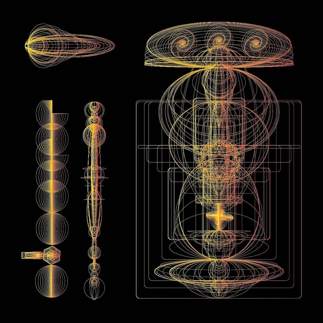 A domed form over a stack of nested rectangles, with two small elevation studies to the left