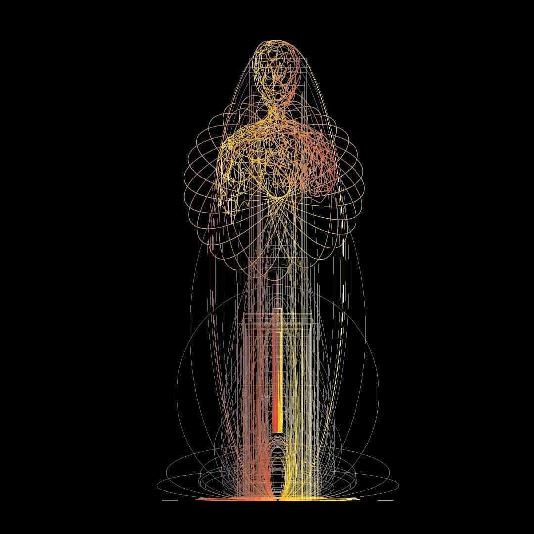 A standing robed figure made only of ellipses, tapering to a single bright vertical at the base