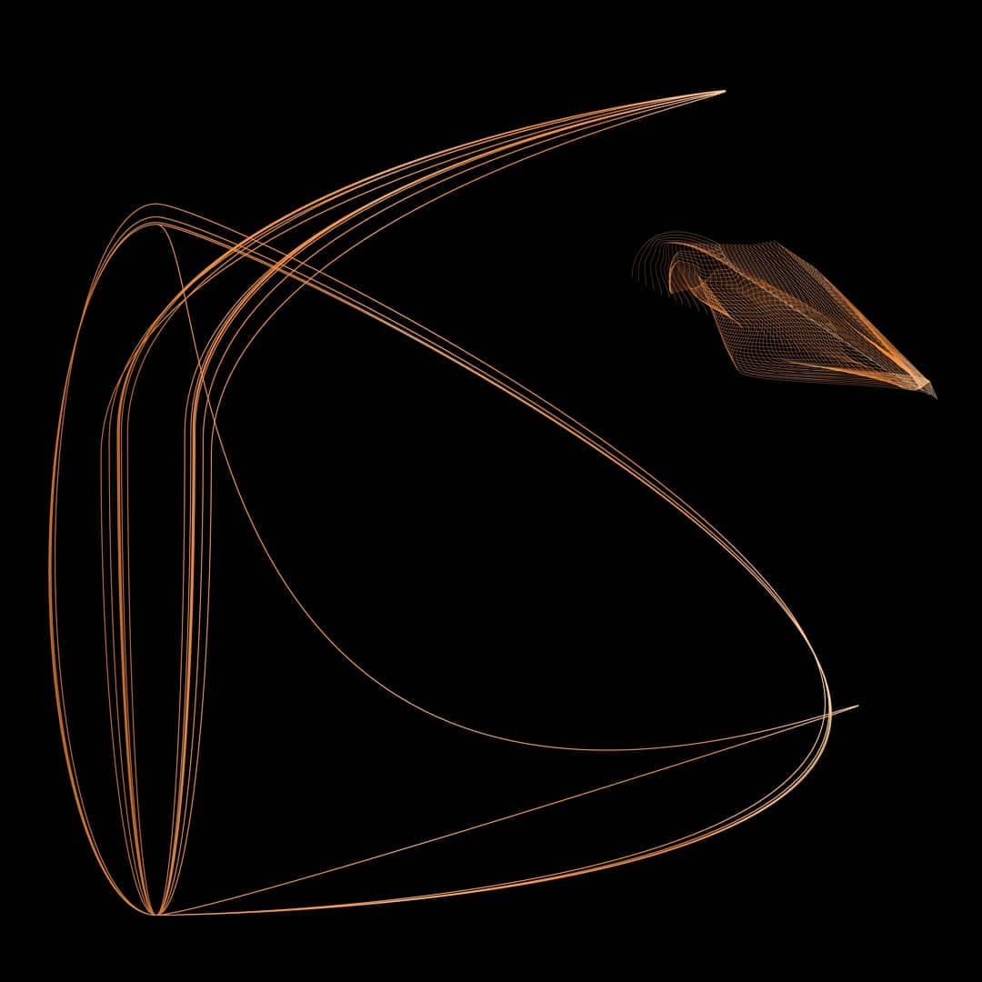 A sparse orange line study, one broad curved sweep beside a small dense woven form